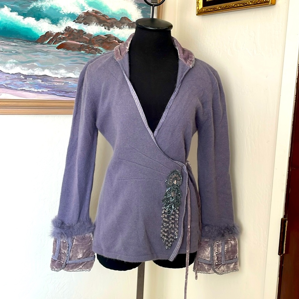 Vintage Lavender Wrap Cardigan with Beaded Accent